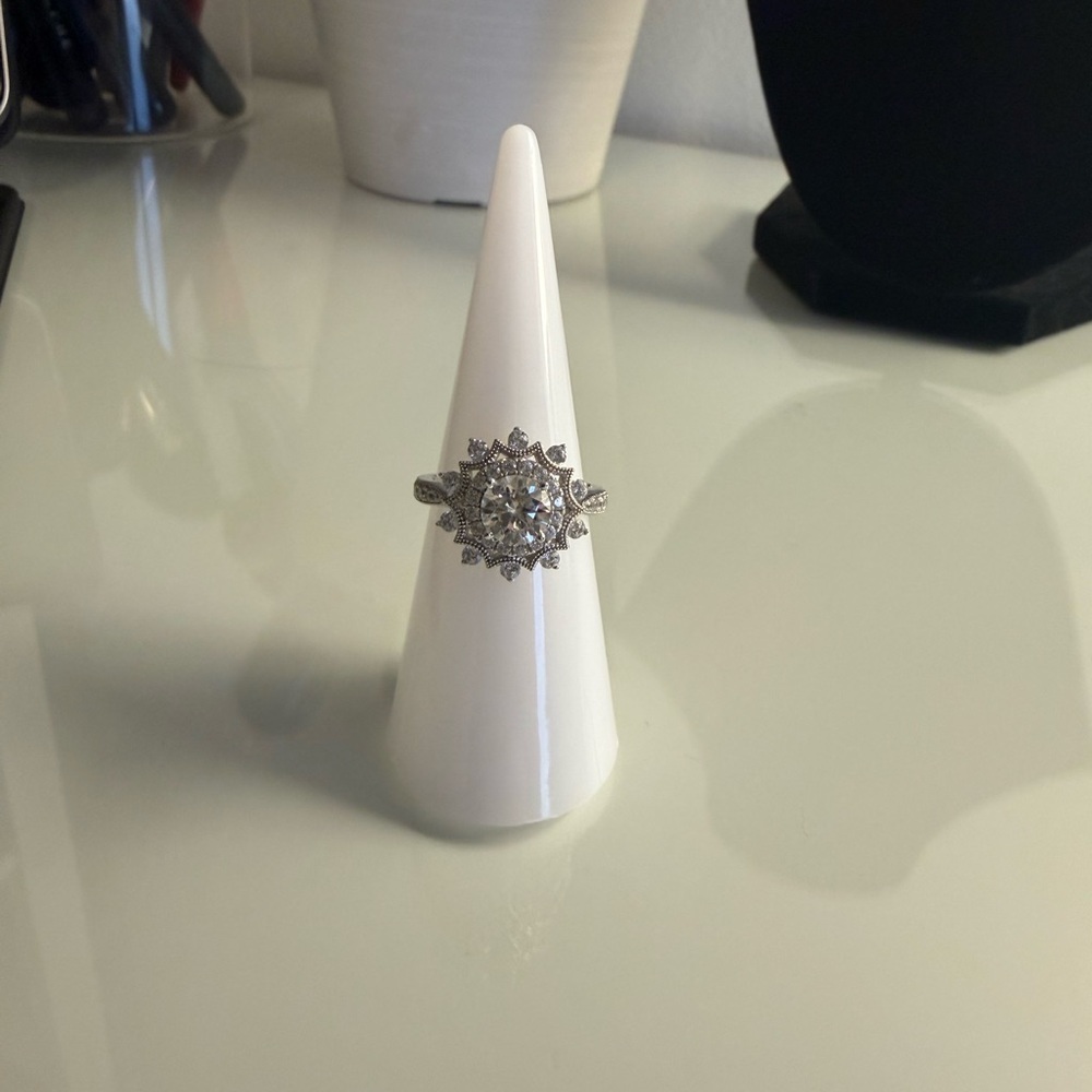 Moissanite Sterling Silver Floral Halo Ring with Clear Stones - White